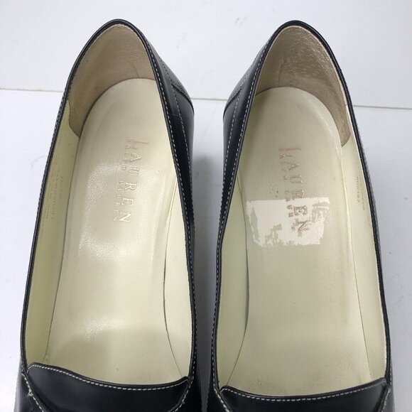Ralph Lauren Black Leather Shoes Size 9 B Heeled Loafers Block Heels Bow Slip On - Picture 4 of 10